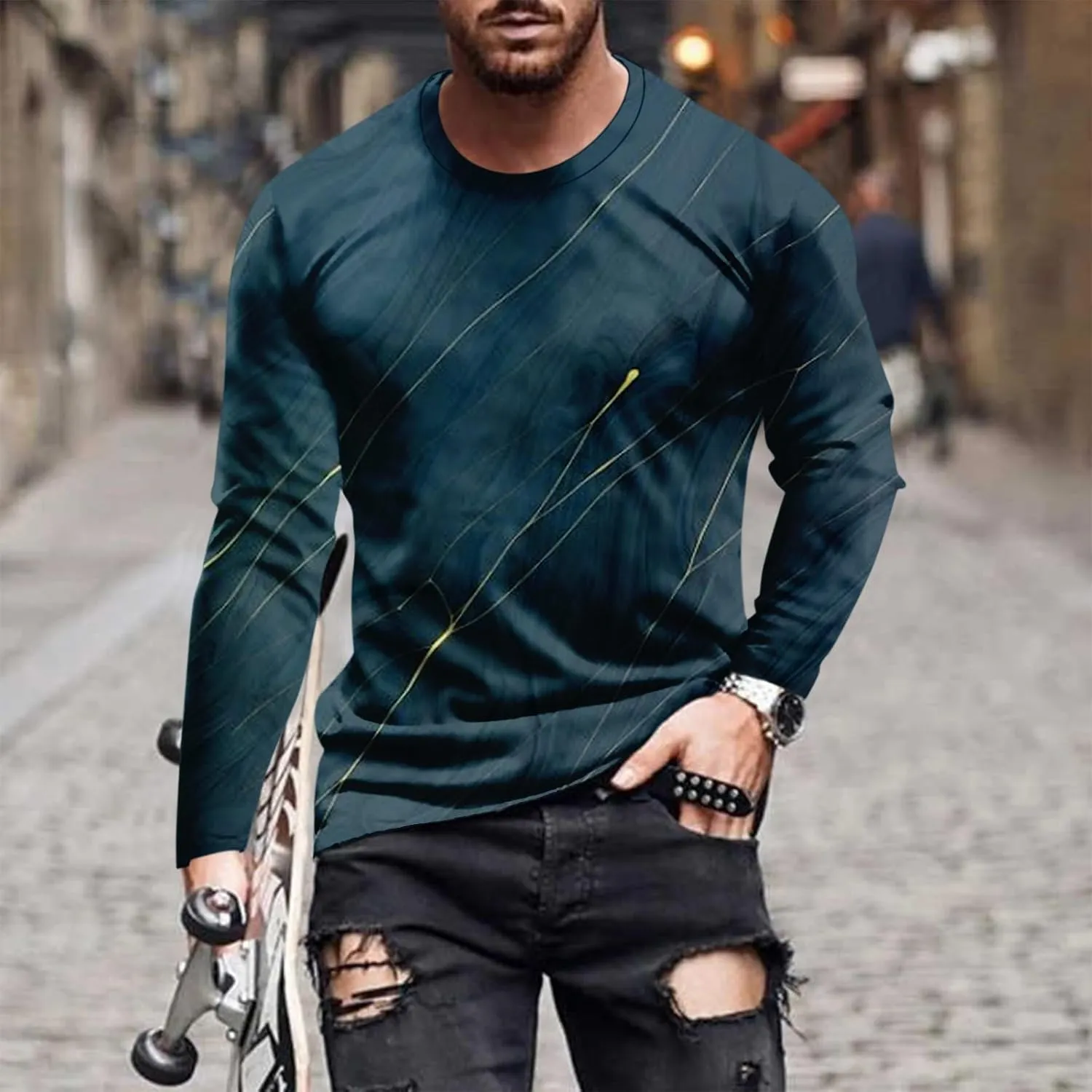 Men's 2023 Autumn Casual T Shirt Graphic Abstract Long Sleeve Print Fashion Shirts Designer Vintage Blouse Tops