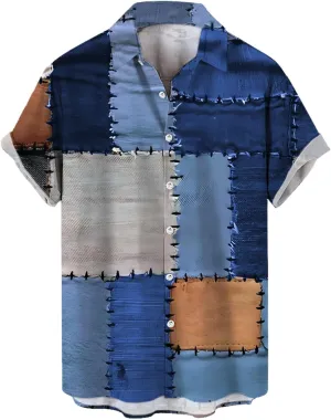 Men's Camp Retro Vintage Bowling Button Down Shirt Splicing Plaid Printed Summer Short Sleeve Beach Hawaiian Shirts
