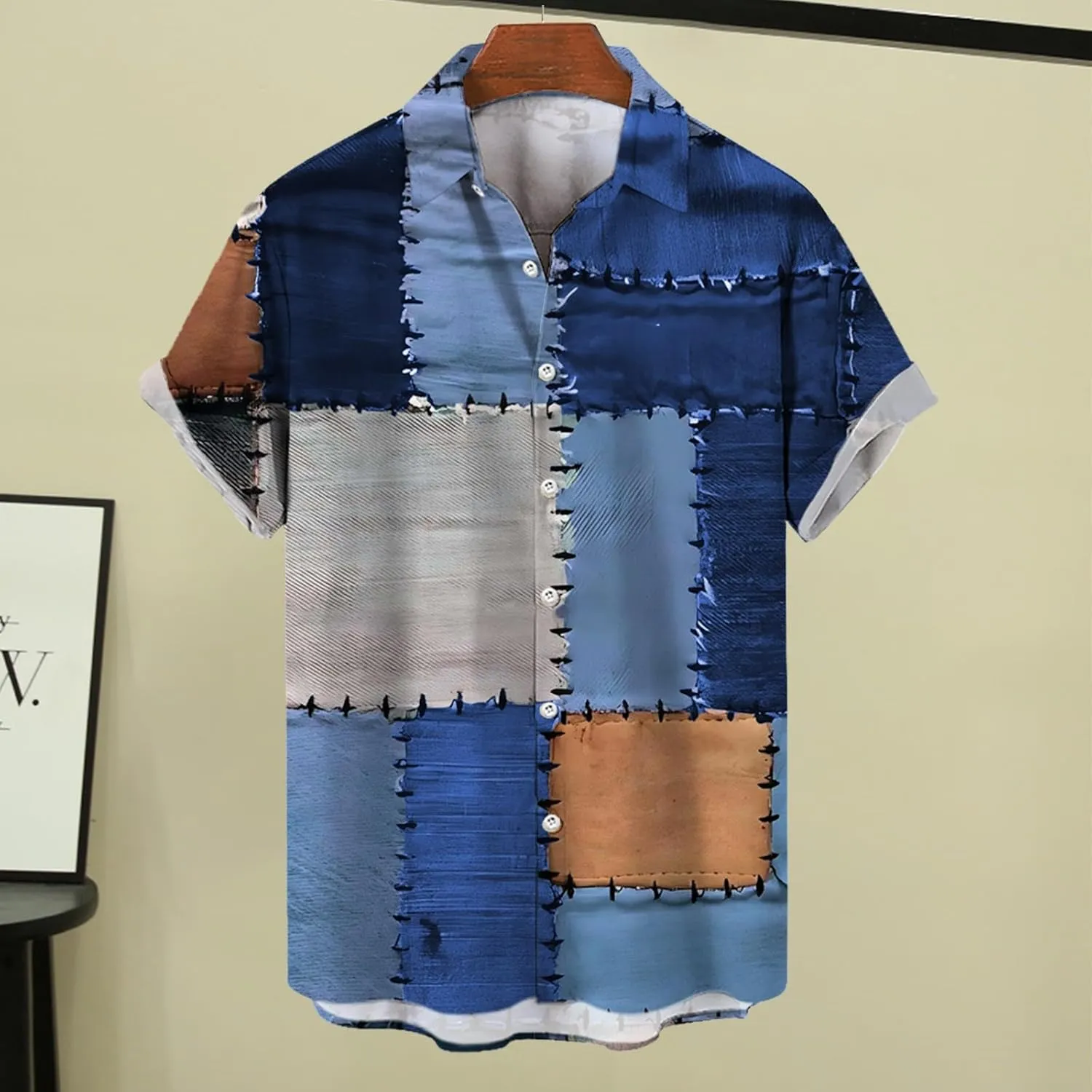 Men's Camp Retro Vintage Bowling Button Down Shirt Splicing Plaid Printed Summer Short Sleeve Beach Hawaiian Shirts
