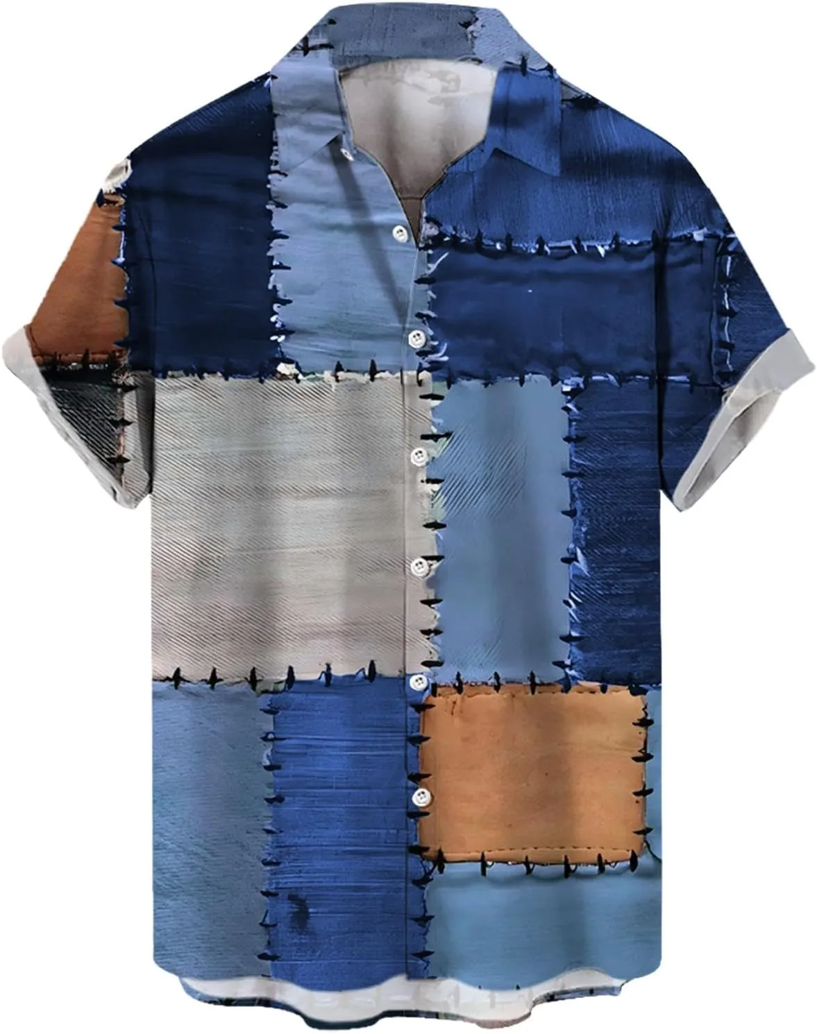 Men's Camp Retro Vintage Bowling Button Down Shirt Splicing Plaid Printed Summer Short Sleeve Beach Hawaiian Shirts