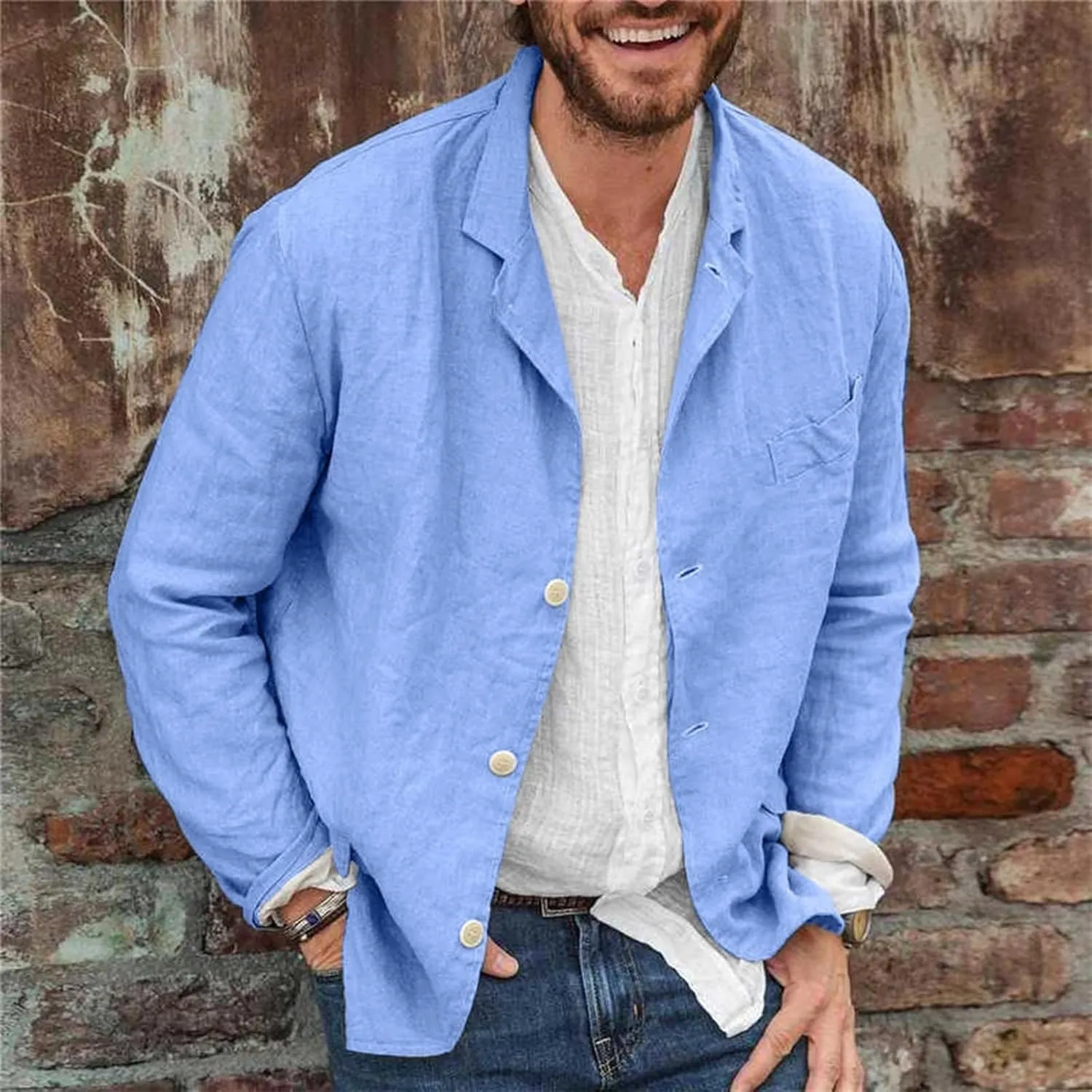 Men's Casual Shirt Jacket Cotton Linen Shacket Loose Fit Long Sleeve Button-Down Overshirt Soft Lightweight Work Coat