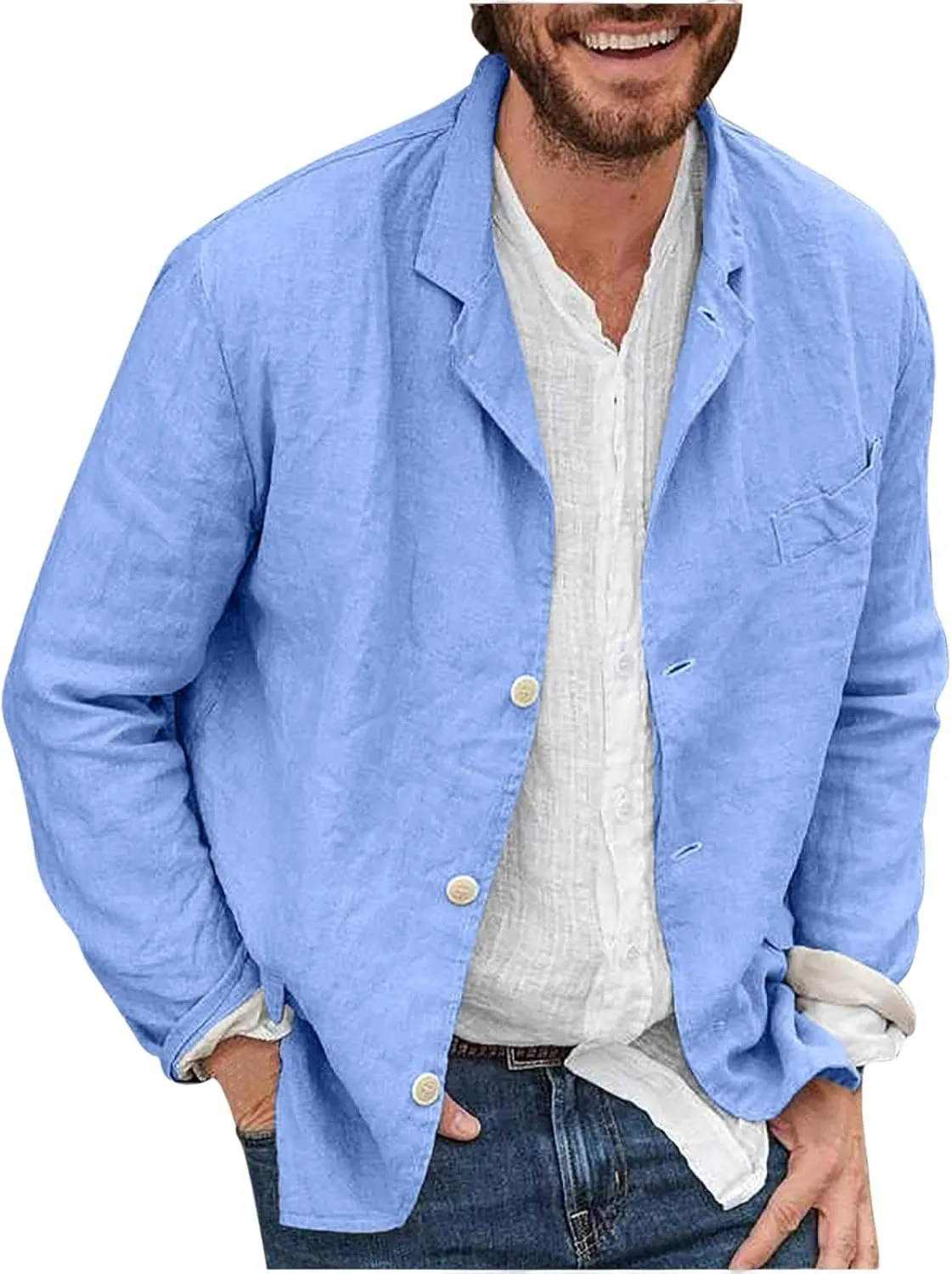 Men's Casual Shirt Jacket Cotton Linen Shacket Loose Fit Long Sleeve Button-Down Overshirt Soft Lightweight Work Coat