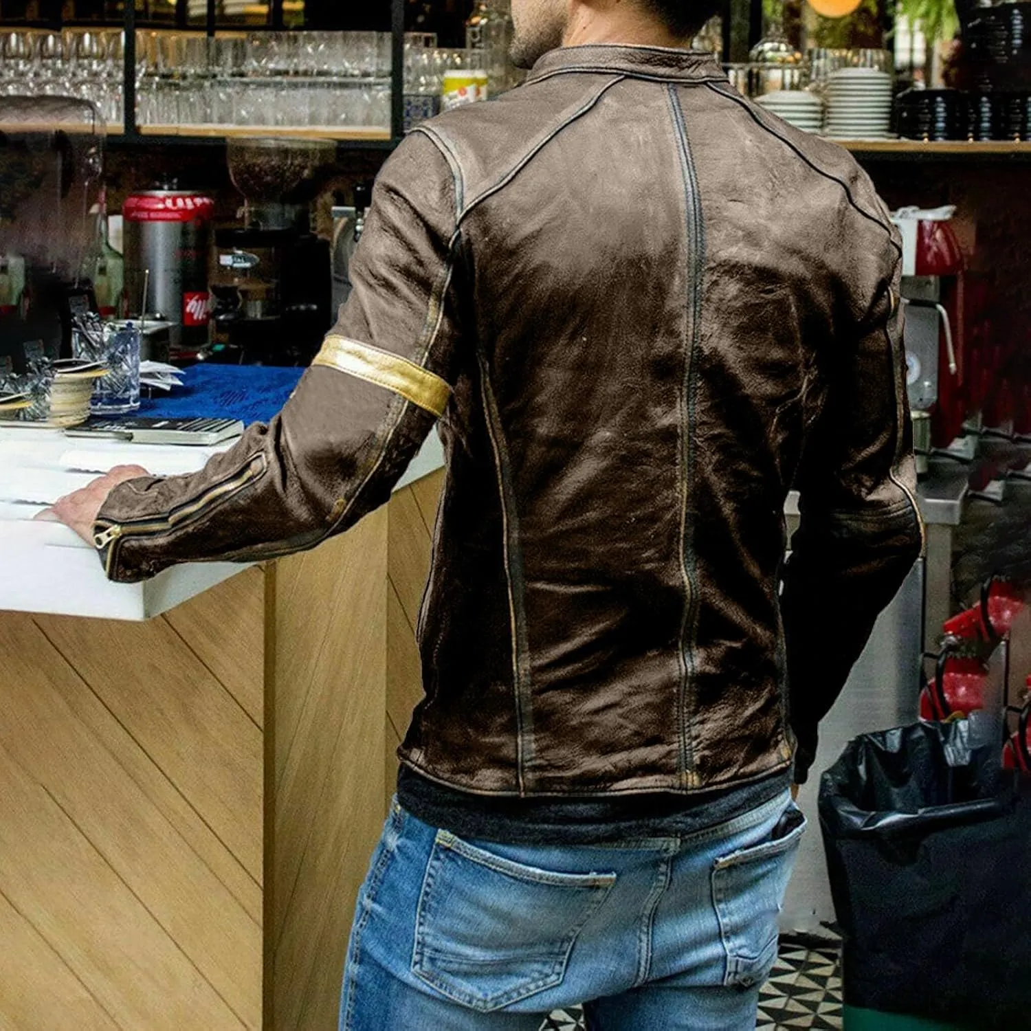 Mens Distressed PU Leather Bomber Jackets Vintage Stand Collar Zip-Up Motorcycle Jackets Steampunk Biker Outwear Coat