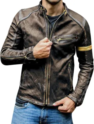 Mens Distressed PU Leather Bomber Jackets Vintage Stand Collar Zip-Up Motorcycle Jackets Steampunk Biker Outwear Coat