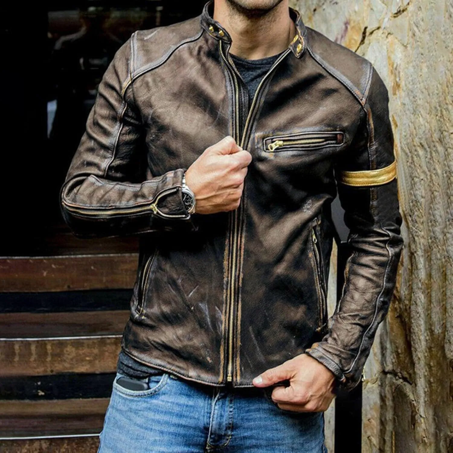 Mens Distressed PU Leather Bomber Jackets Vintage Stand Collar Zip-Up Motorcycle Jackets Steampunk Biker Outwear Coat