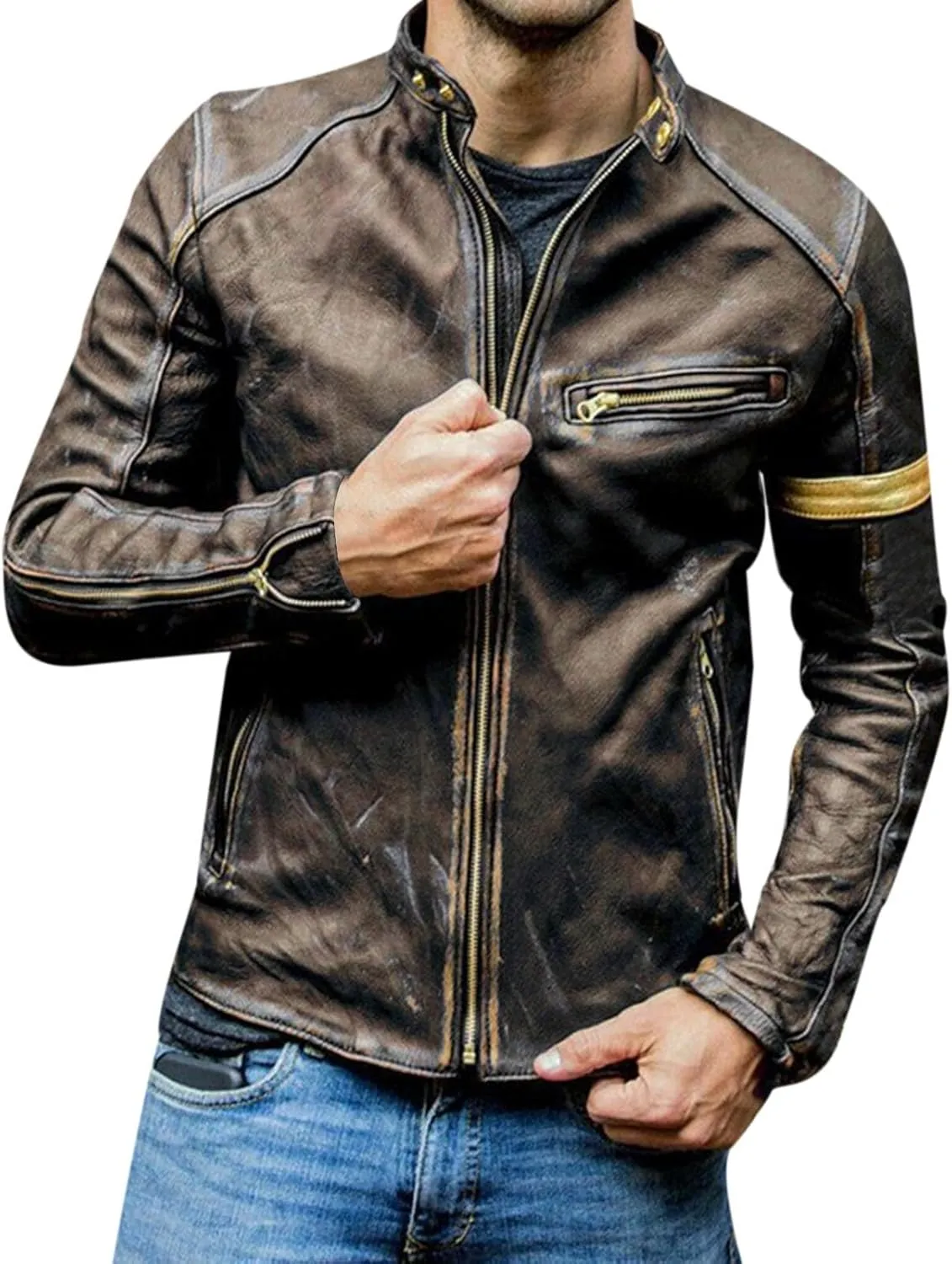 Mens Distressed PU Leather Bomber Jackets Vintage Stand Collar Zip-Up Motorcycle Jackets Steampunk Biker Outwear Coat
