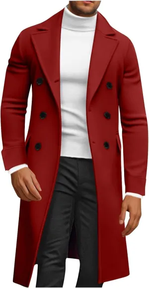 Men's Double Breasted Wool Pea Coat Notch Lapel Mid Long Trench Coat Fashion Elegant Coat Jacket with Pockets