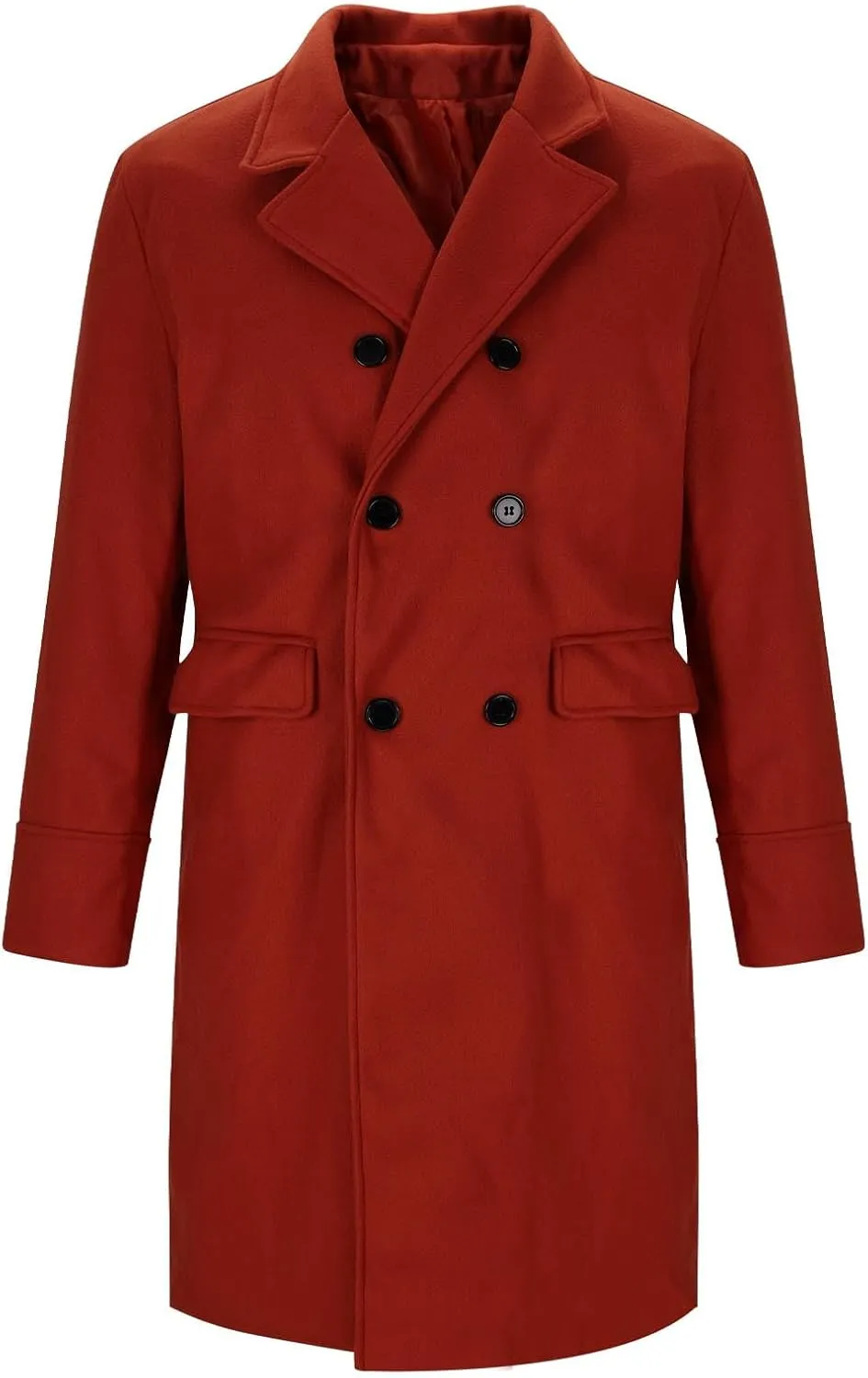 Men's Double Breasted Wool Pea Coat Notch Lapel Mid Long Trench Coat Fashion Elegant Coat Jacket with Pockets