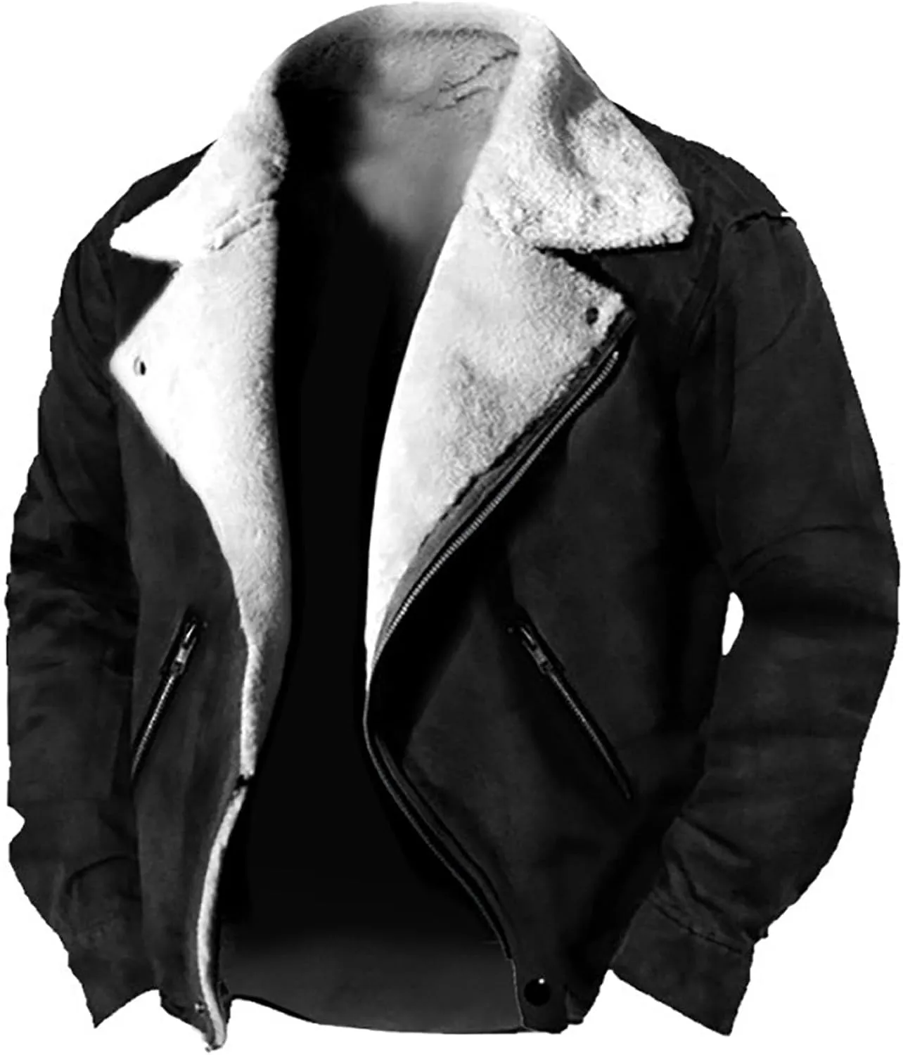 Mens Faux Suede Leather Varsity Jackets Casual Shearling Sherpa Lined Winter Warm Jackets Zip Up Retro Military Coats