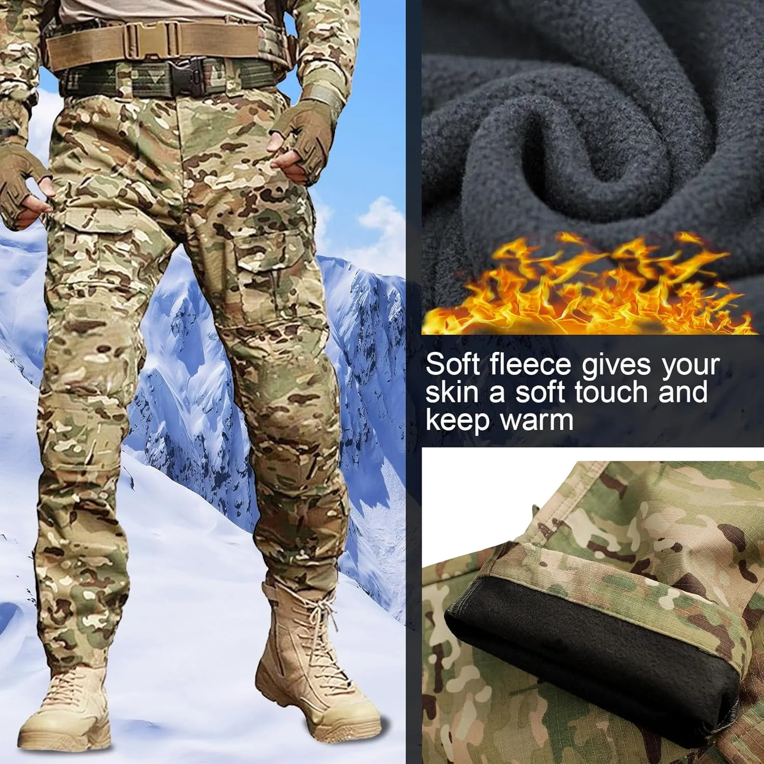 Men's Fleece Lined Tactical Pants Waterproof Hiking Pants Casual Thermal Cargo Pants Winter Insulated Work Pants
