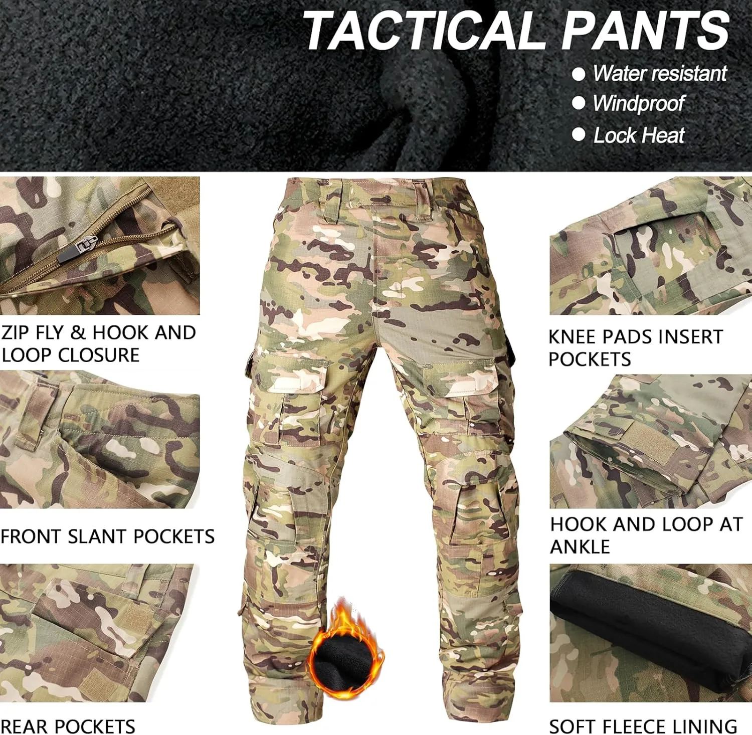 Men's Fleece Lined Tactical Pants Waterproof Hiking Pants Casual Thermal Cargo Pants Winter Insulated Work Pants