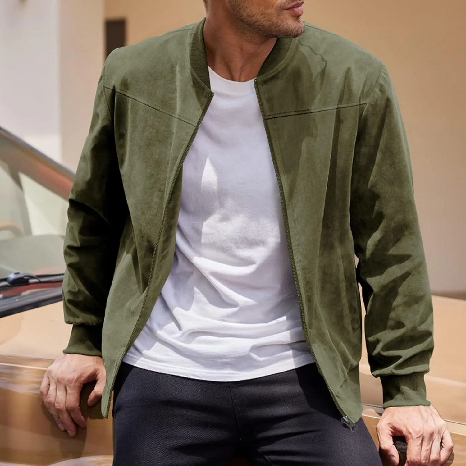 Mens Lightweight Jacket Flight Bomber Jacket Suede Full Zip Casual Softshell Jacket Outwear Pockets Thin Windbreaker