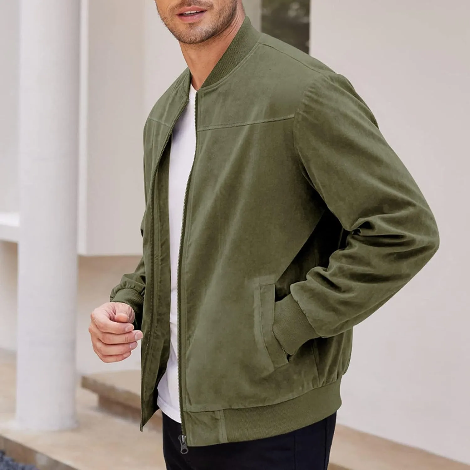 Mens Lightweight Jacket Flight Bomber Jacket Suede Full Zip Casual Softshell Jacket Outwear Pockets Thin Windbreaker