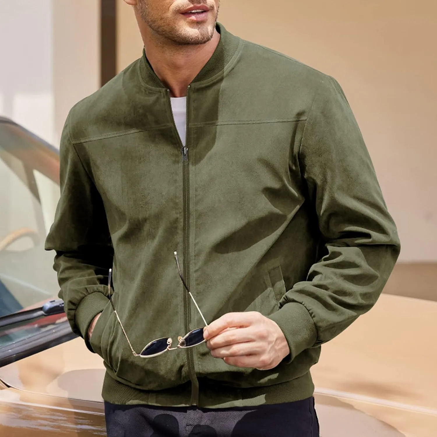 Mens Lightweight Jacket Flight Bomber Jacket Suede Full Zip Casual Softshell Jacket Outwear Pockets Thin Windbreaker