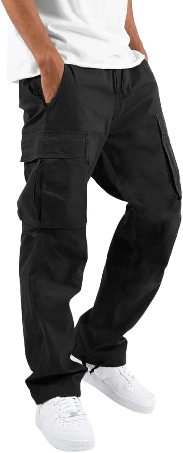 Mens Lightweight Joggers Mens Casual Waist Color Sports Hat Multi Woven Pocket Foot Rope Solid Pants Exercise Pants