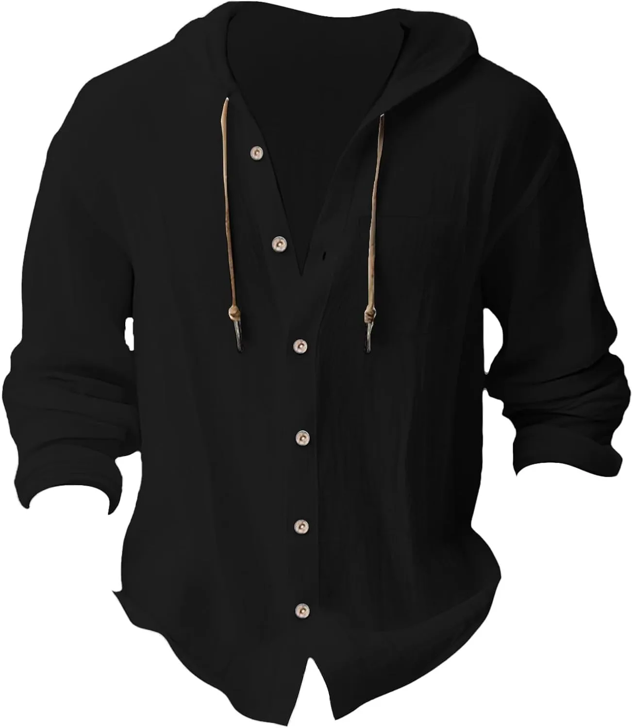 Mens Linen Shirts Casual Long Sleeves Button Down Hippie Shirt Roll-up Sleeve Summer Beach T-Shirts Tops with Hood