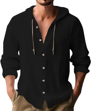 Mens Linen Shirts Casual Long Sleeves Button Down Hippie Shirt Roll-up Sleeve Summer Beach T-Shirts Tops with Hood