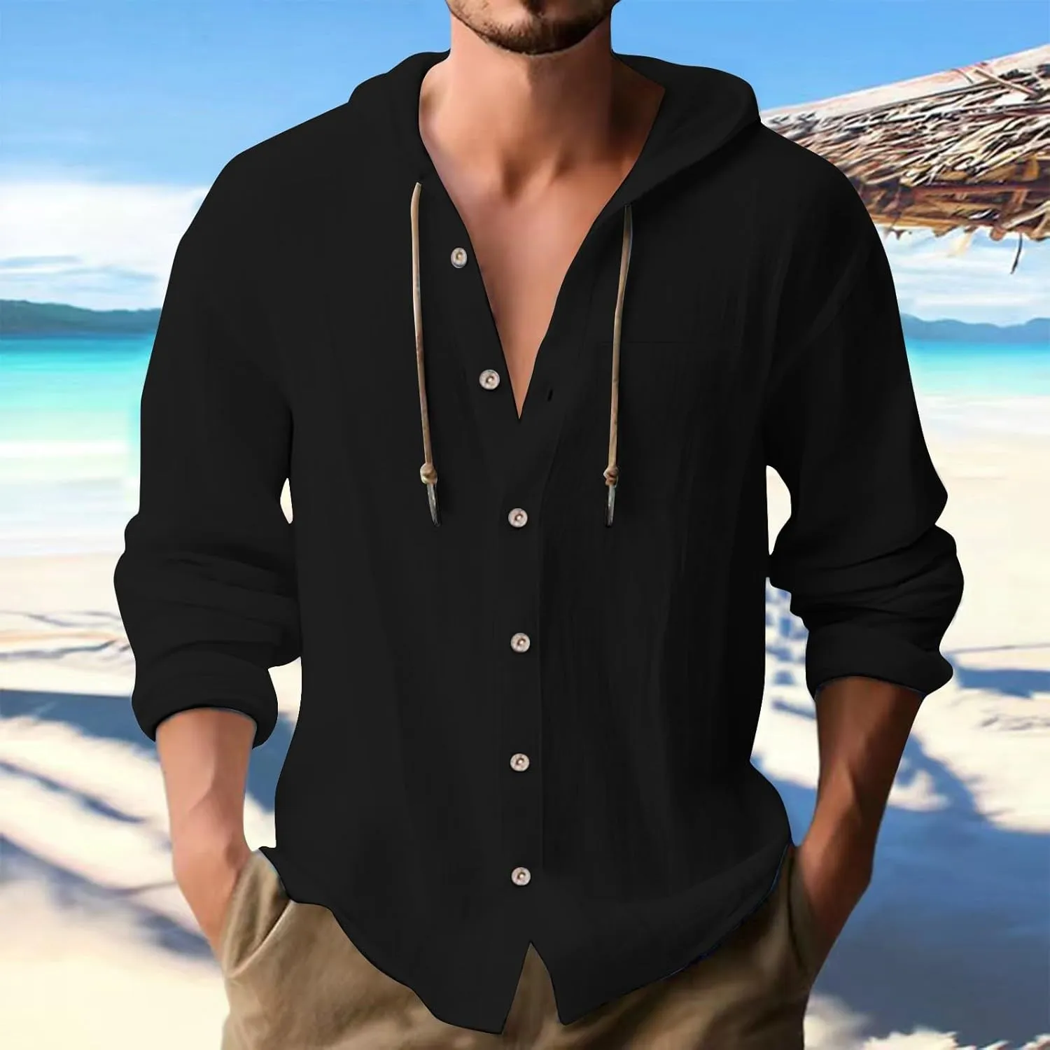Mens Linen Shirts Casual Long Sleeves Button Down Hippie Shirt Roll-up Sleeve Summer Beach T-Shirts Tops with Hood
