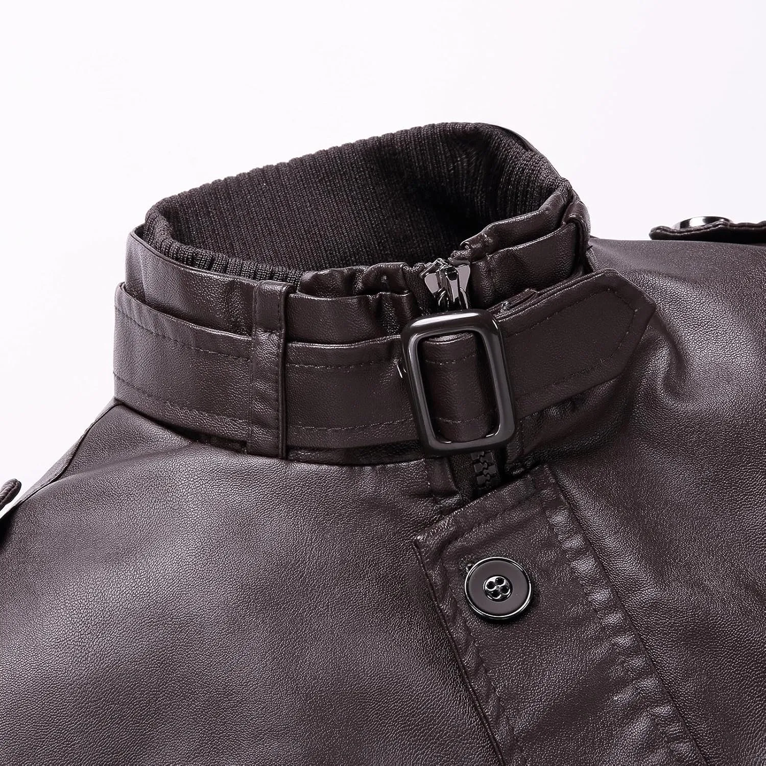 Men's Long Leather Jacket Fleece Lined Winter Coats Moto Biker Windbreaker Overcoat with Zipper Pockets