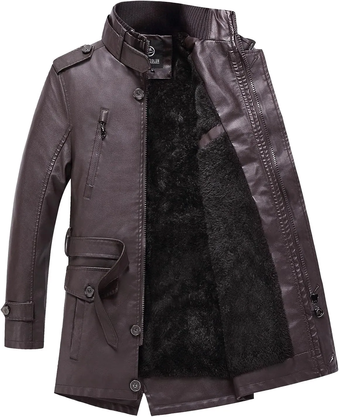 Men's Long Leather Jacket Fleece Lined Winter Coats Moto Biker Windbreaker Overcoat with Zipper Pockets