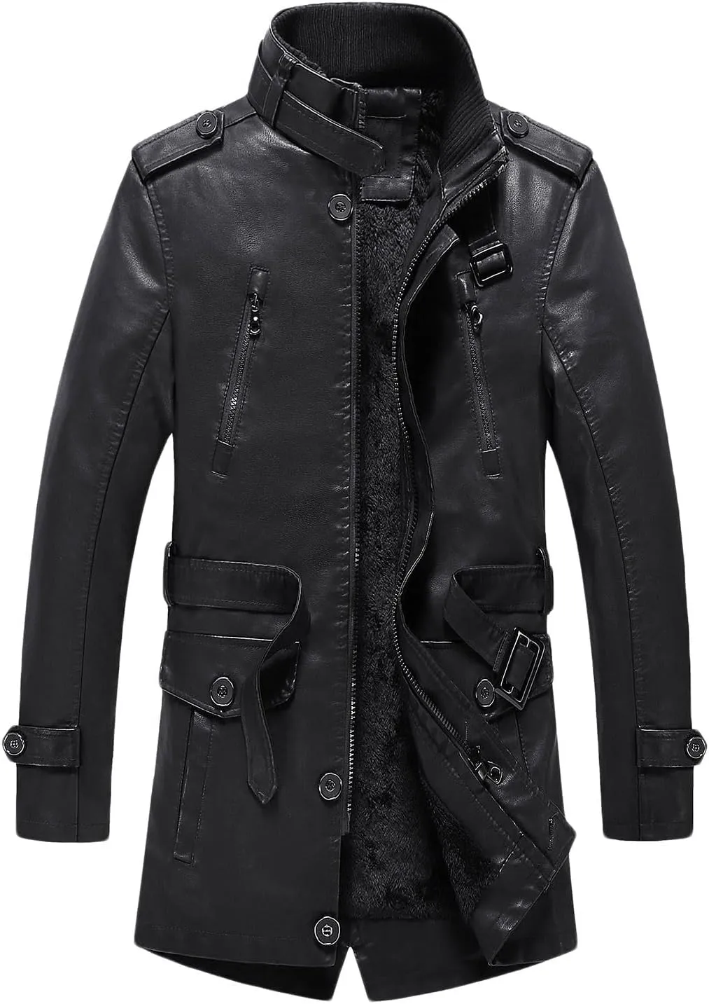 Men's Long Leather Jacket Fleece Lined Winter Coats Moto Biker Windbreaker Overcoat with Zipper Pockets