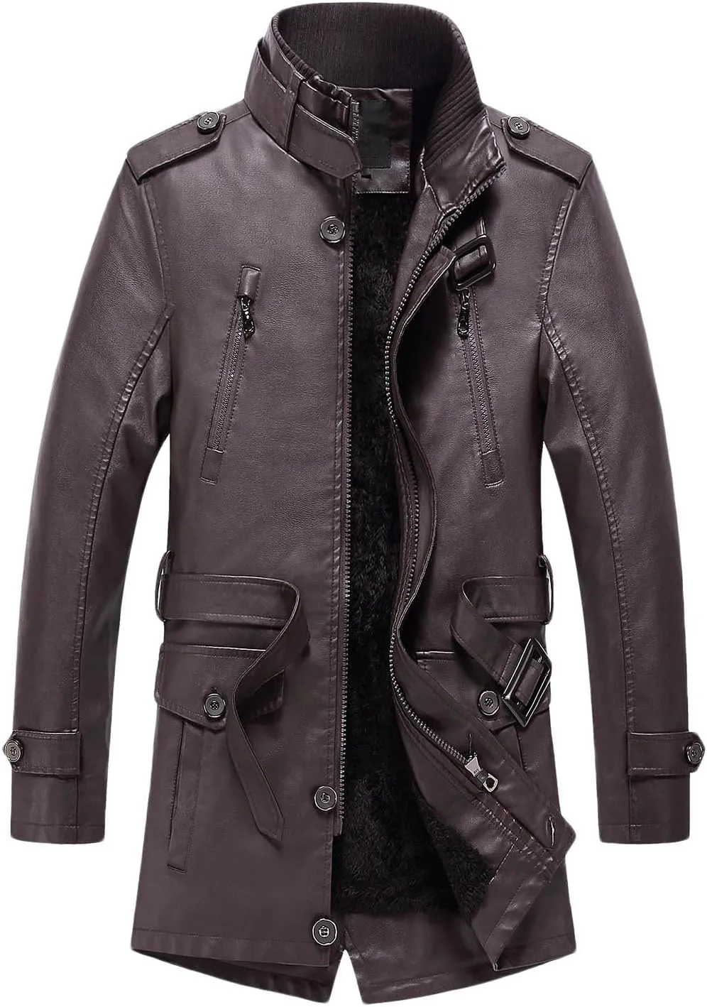 Men's Long Leather Jacket Fleece Lined Winter Coats Moto Biker Windbreaker Overcoat with Zipper Pockets