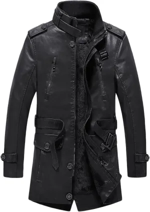 Men's Long Leather Jacket Fleece Lined Winter Coats Moto Biker Windbreaker Overcoat with Zipper Pockets