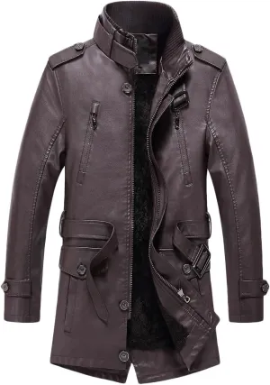 Men's Long Leather Jacket Fleece Lined Winter Coats Moto Biker Windbreaker Overcoat with Zipper Pockets