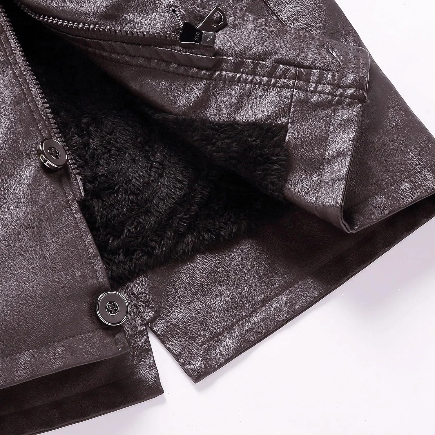 Men's Long Leather Jacket Fleece Lined Winter Coats Moto Biker Windbreaker Overcoat with Zipper Pockets