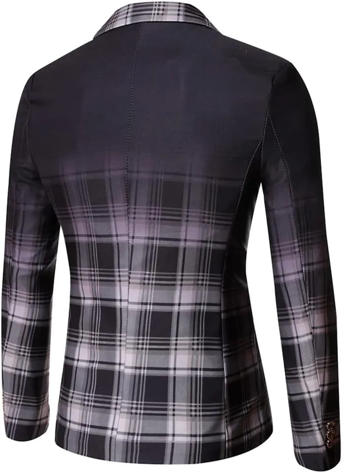 Mens One Button Blazers Jacket Patchwork Checked Business Casual Sports Coat