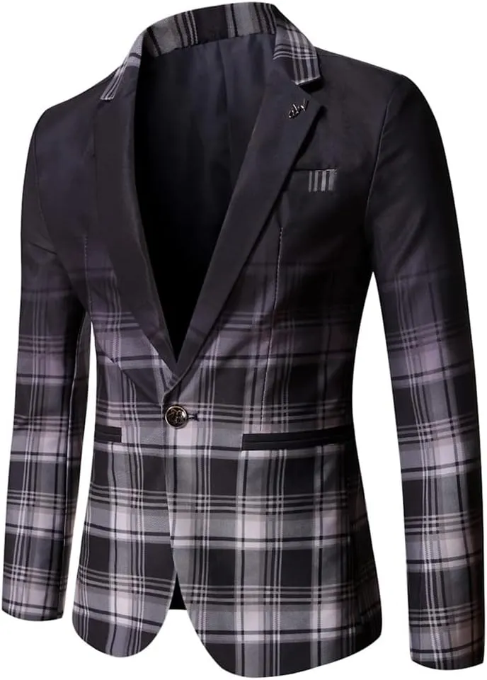 Mens One Button Blazers Jacket Patchwork Checked Business Casual Sports Coat