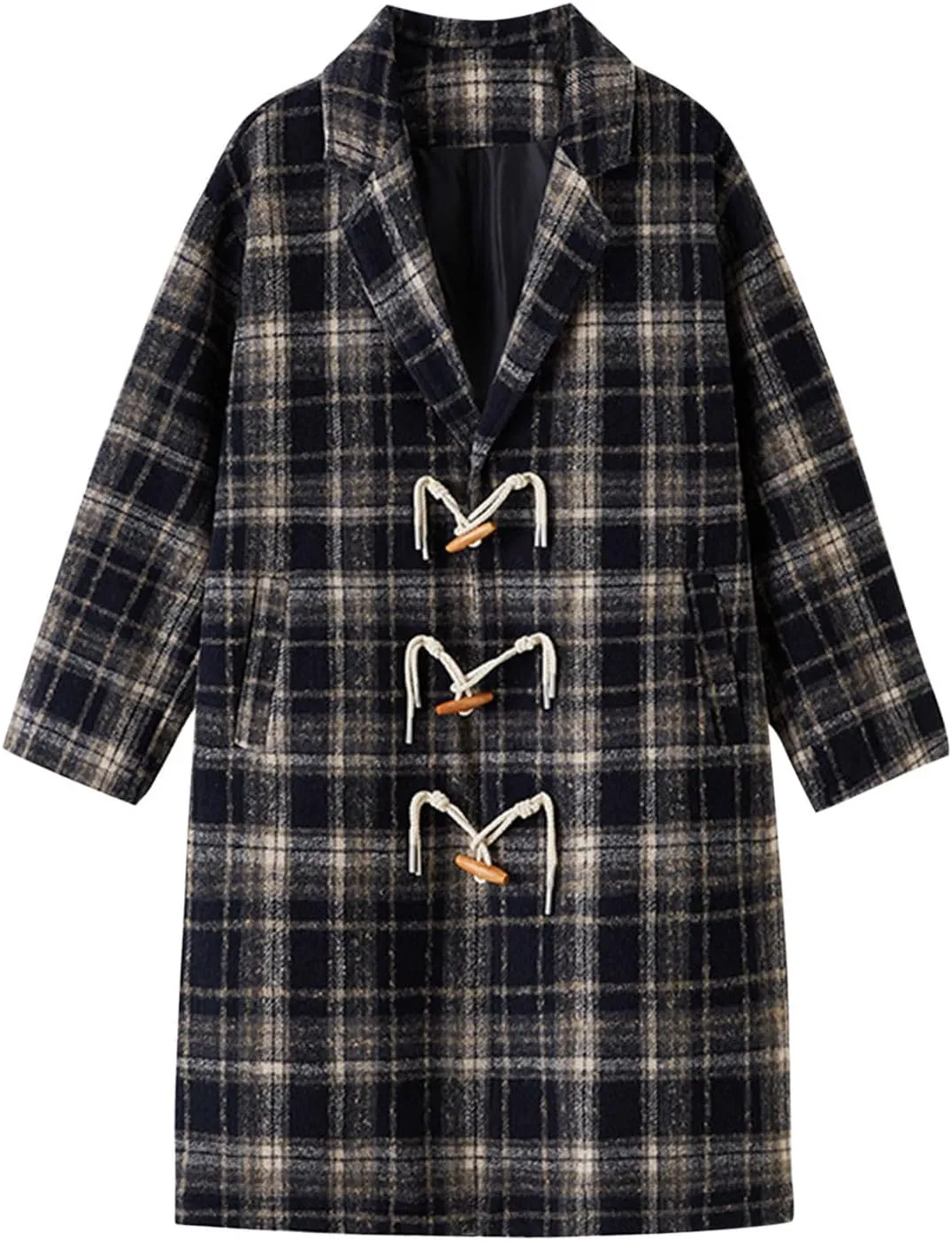Mens Peacoat Jacket Fashion Plaid Wool Blend Pea Coat Winter Plus Size Lapel Single Overcoat Long Trench Coat