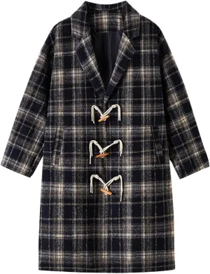 Mens Peacoat Jacket Fashion Plaid Wool Blend Pea Coat Winter Plus Size Lapel Single Overcoat Long Trench Coat