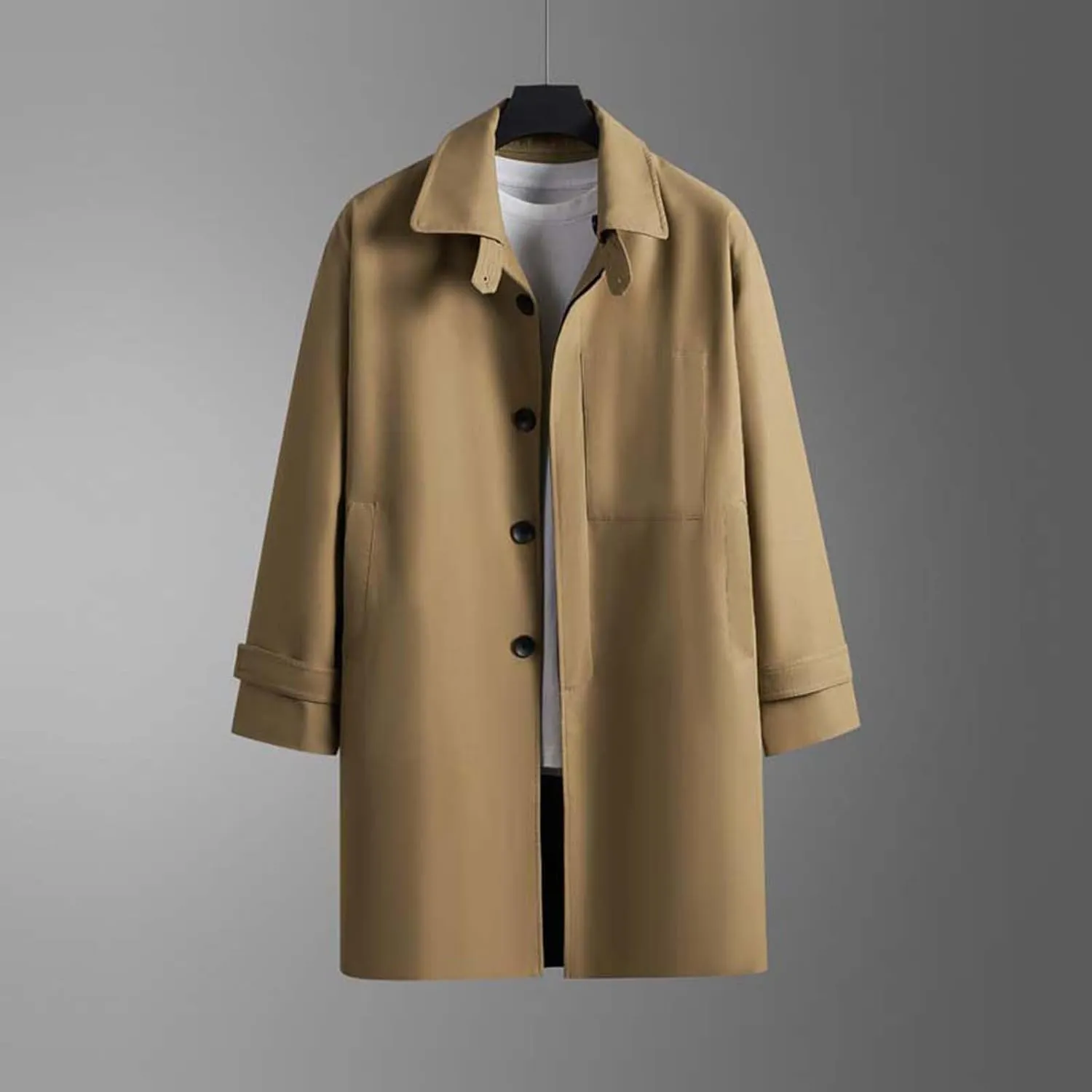 Mens Peacoat Jacket Single Lapel Mid-Length Trench Coat Plus Size Soild Overcoat Fall Winter Pea Coat Outwear