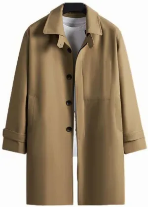 Mens Peacoat Jacket Single Lapel Mid-Length Trench Coat Plus Size Soild Overcoat Fall Winter Pea Coat Outwear