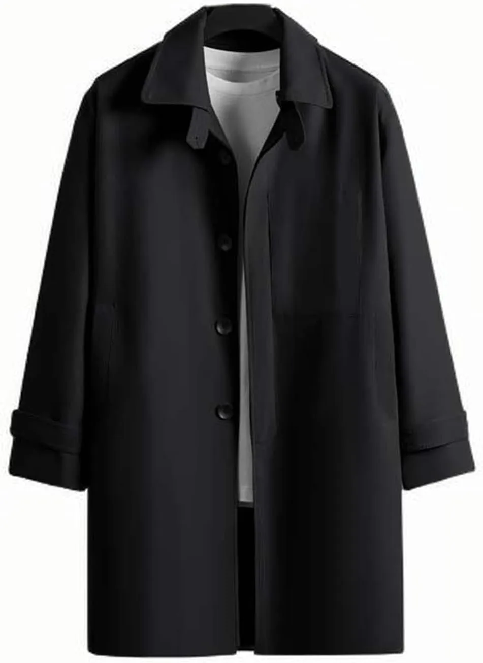 Mens Peacoat Jacket Single Lapel Mid-Length Trench Coat Plus Size Soild Overcoat Fall Winter Pea Coat Outwear