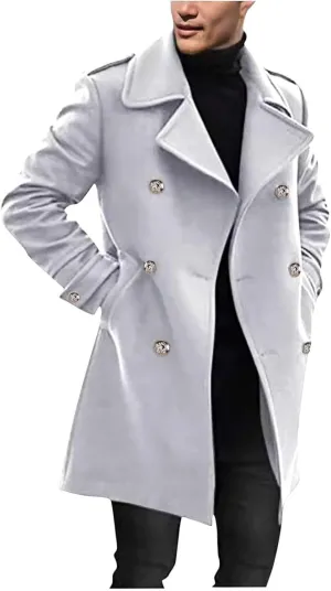 Mens Peacoat Jacket Winter Wool Blend Trench Coats Classic Notched Lapel Collar Double Formal Overcoat