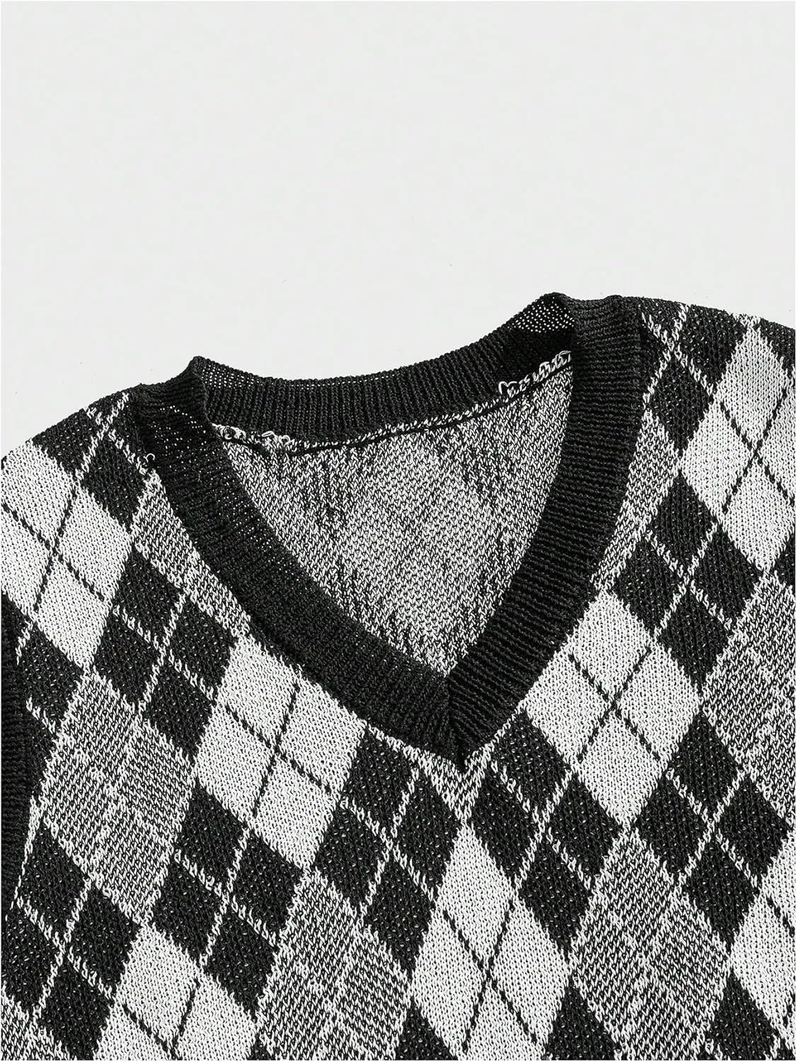 Men's Plaid Geometric Sleeveless Knitted Sweater V Neck Crochet Pullover Sweater Vest
