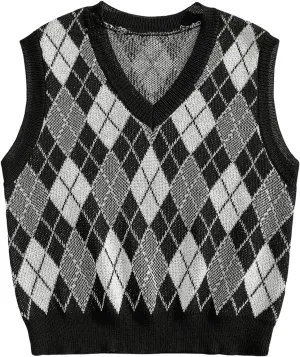 Men's Plaid Geometric Sleeveless Knitted Sweater V Neck Crochet Pullover Sweater Vest