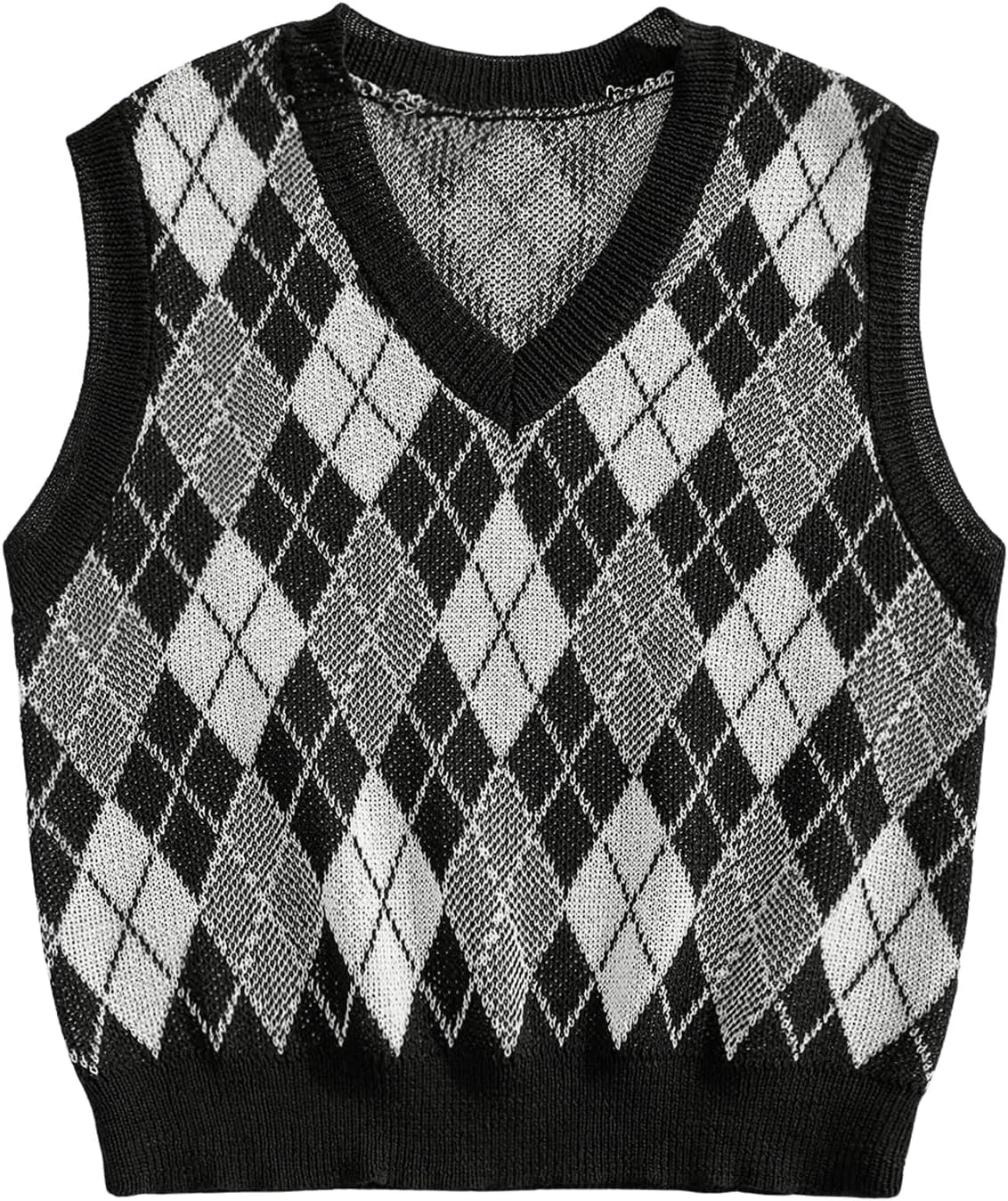 Men's Plaid Geometric Sleeveless Knitted Sweater V Neck Crochet Pullover Sweater Vest