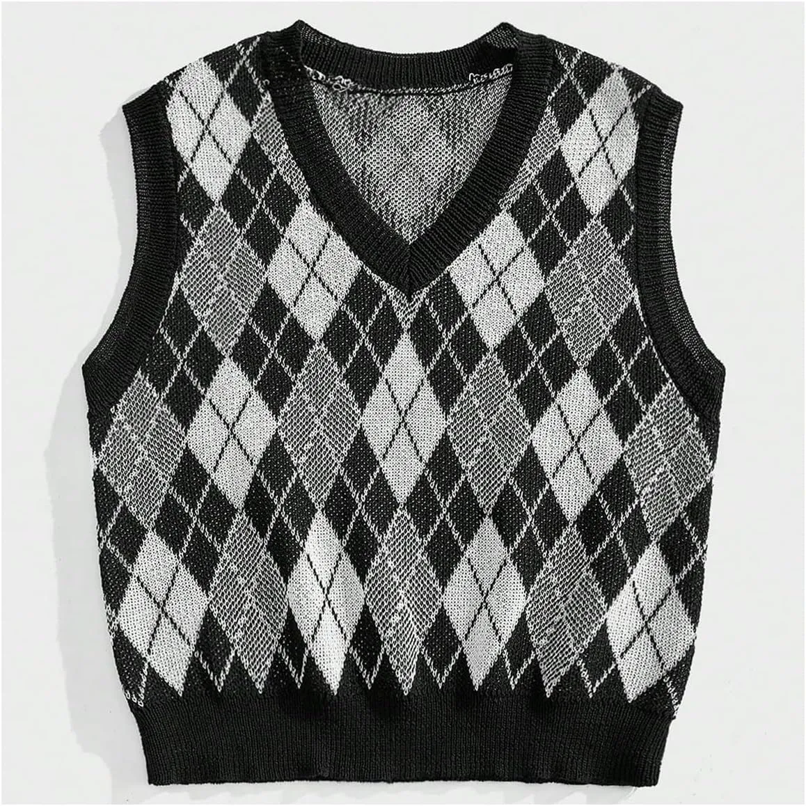 Men's Plaid Geometric Sleeveless Knitted Sweater V Neck Crochet Pullover Sweater Vest
