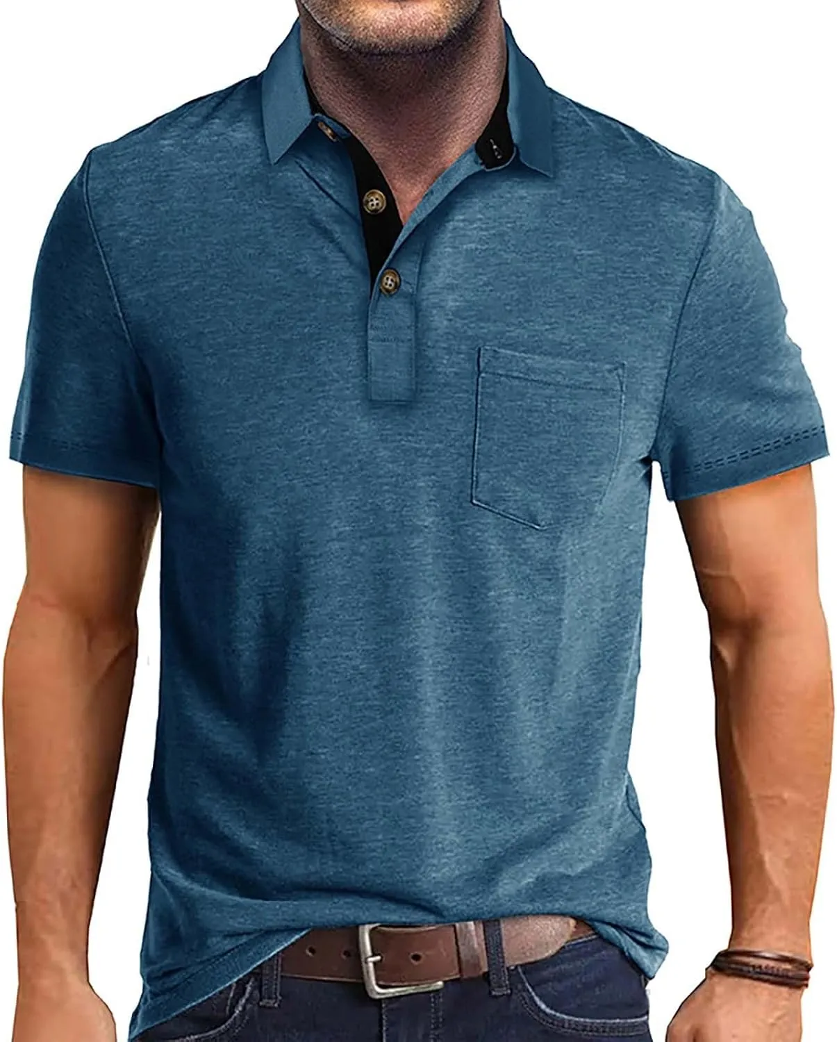 Men's Polo Shirts Summer Short Sleeve Casual 3 Button T-Shirts Classic Basic Golf Work Tees Tops with Pocket