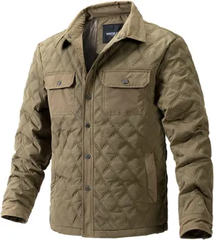 Men's Quilted Shirt Jackets Casual Long Sleeve Snap Button Down Shirts Diamond Quilted Shirt Jacket for Men Pockets