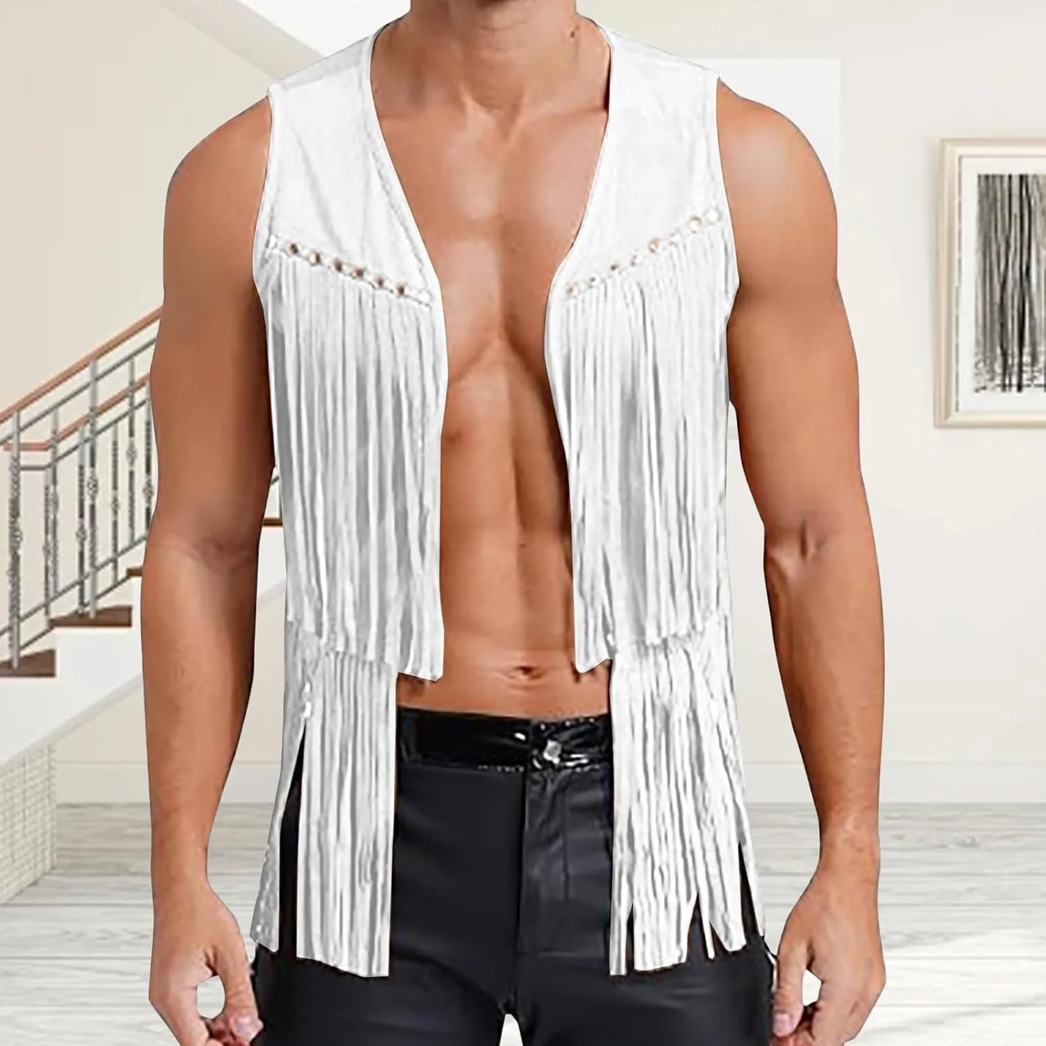 Men's Sleeveless V Neck Fringe Trim Open Front Studded Cowboy Western Hippie Faux Suede Vest Jacket Tassel Tops
