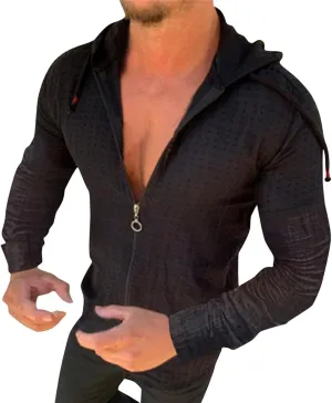 Mens Slim Fit Long Sleeve Hoodie Lightweight Full Zip Drawstring Hooded Plaid Cardigan Tops Casual Beach T Shirts