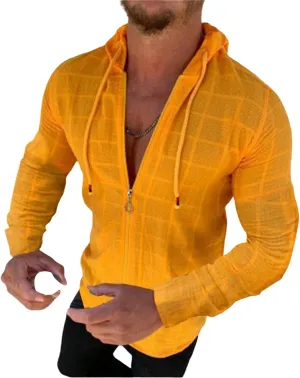 Mens Slim Fit Long Sleeve Hoodie Lightweight Full Zip Drawstring Hooded Plaid Cardigan Tops Casual Beach T Shirts