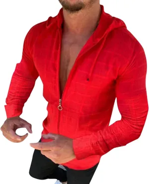 Mens Slim Fit Long Sleeve Hoodie Lightweight Full Zip Drawstring Hooded Plaid Cardigan Tops Casual Beach T Shirts
