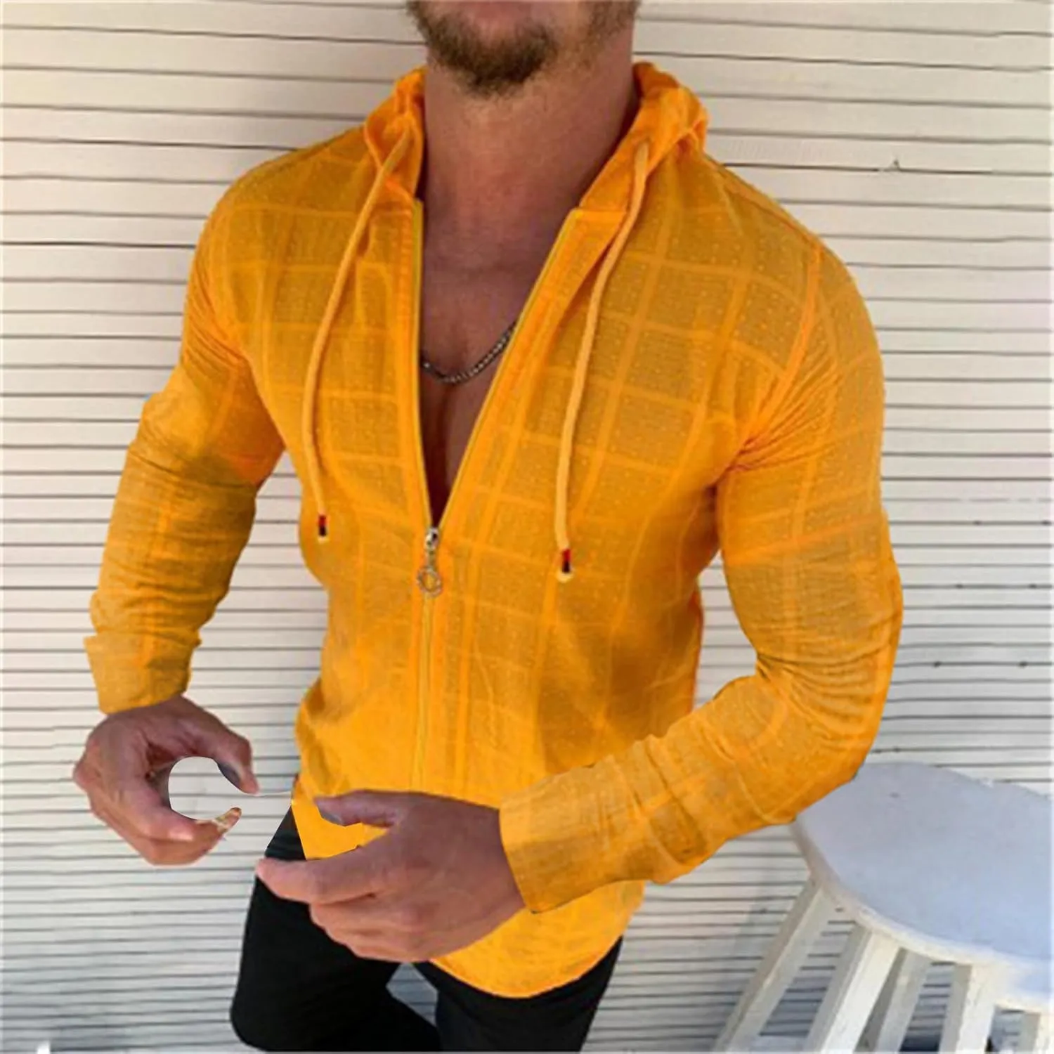 Mens Slim Fit Long Sleeve Hoodie Lightweight Full Zip Drawstring Hooded Plaid Cardigan Tops Casual Beach T Shirts