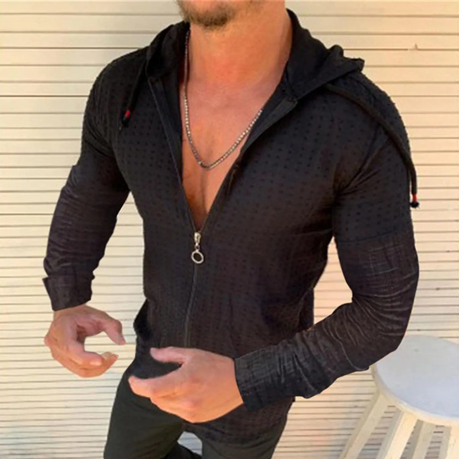 Mens Slim Fit Long Sleeve Hoodie Lightweight Full Zip Drawstring Hooded Plaid Cardigan Tops Casual Beach T Shirts