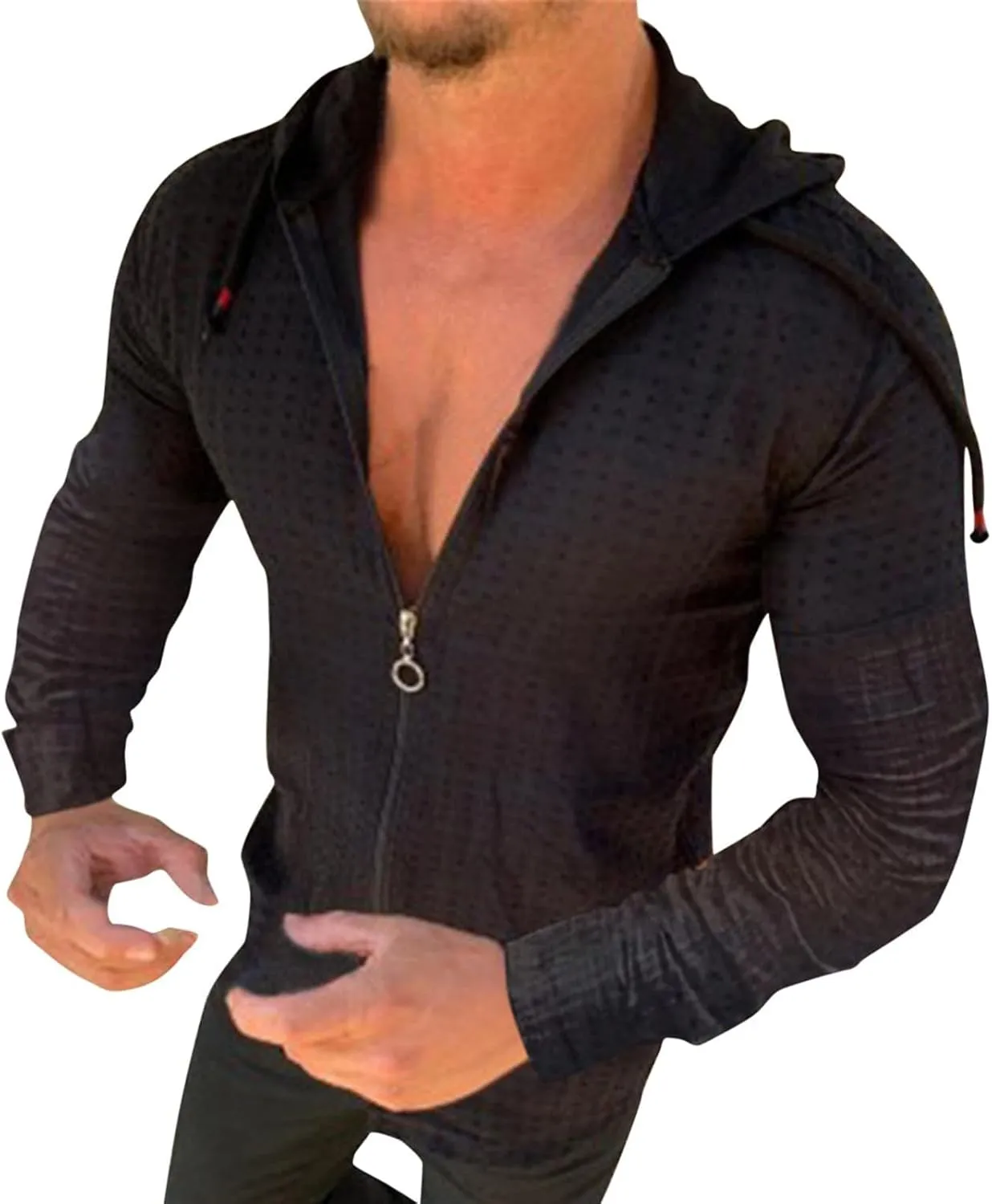 Mens Slim Fit Long Sleeve Hoodie Lightweight Full Zip Drawstring Hooded Plaid Cardigan Tops Casual Beach T Shirts